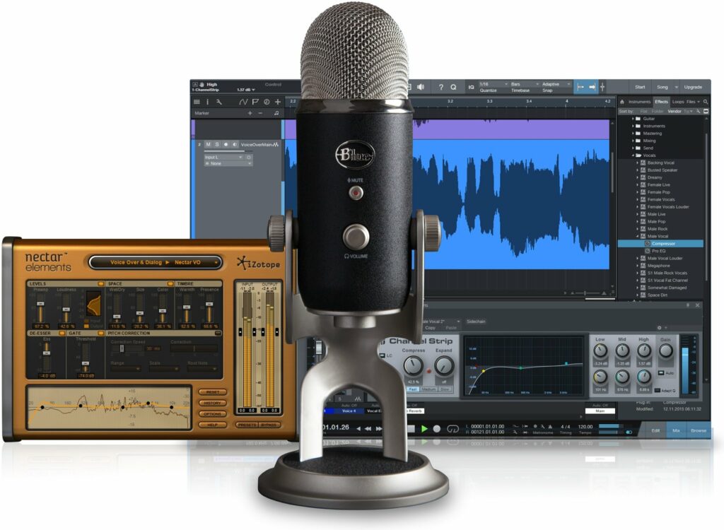 Imagen promocional del Blue Yeti Pro con programas de edición de audio de fondo