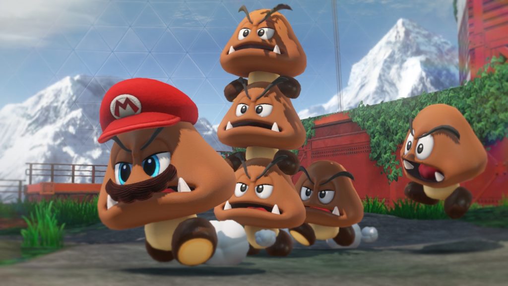 Escena de Super Mario Odyssey en la que Mario posee a los icónicos goombas