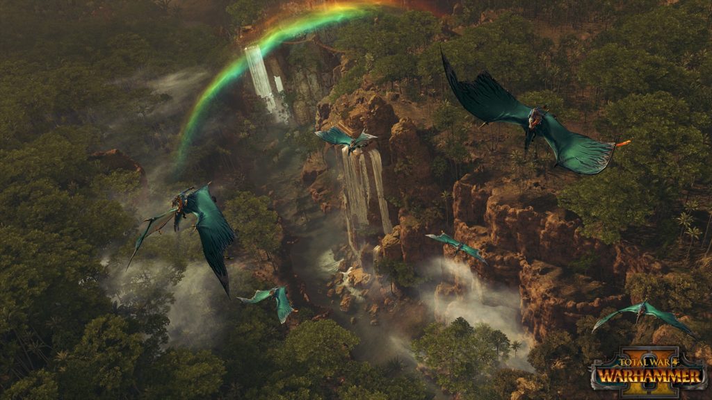 Hombres Lagarto volando en sus dinosaurios por encima de las selvas de Lustria