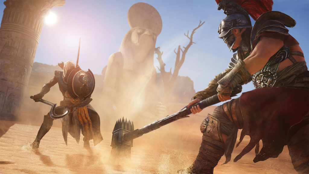 Arte de un combate del Assasin's Creed Origins donde las armas cobran gran protagonismo