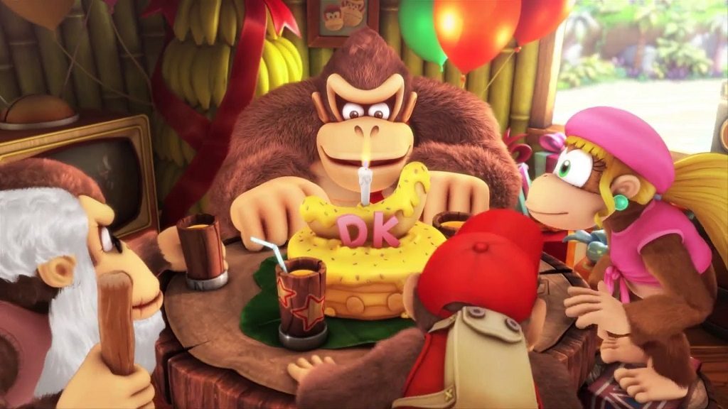 Escena inicial del juego, en el cumpleaños de Donkey Kong