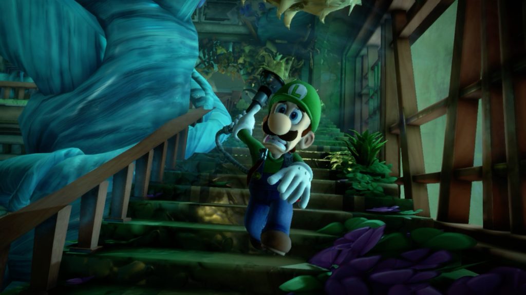 Luigi's Mansion 3 huyendo de la planta carnivora